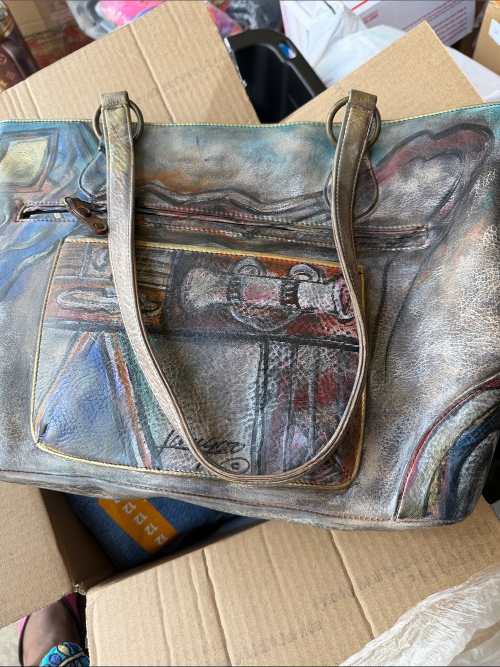 NWOT - Jane Yoo Signed Hand-Painted Leather Tote Bag in Multicolor